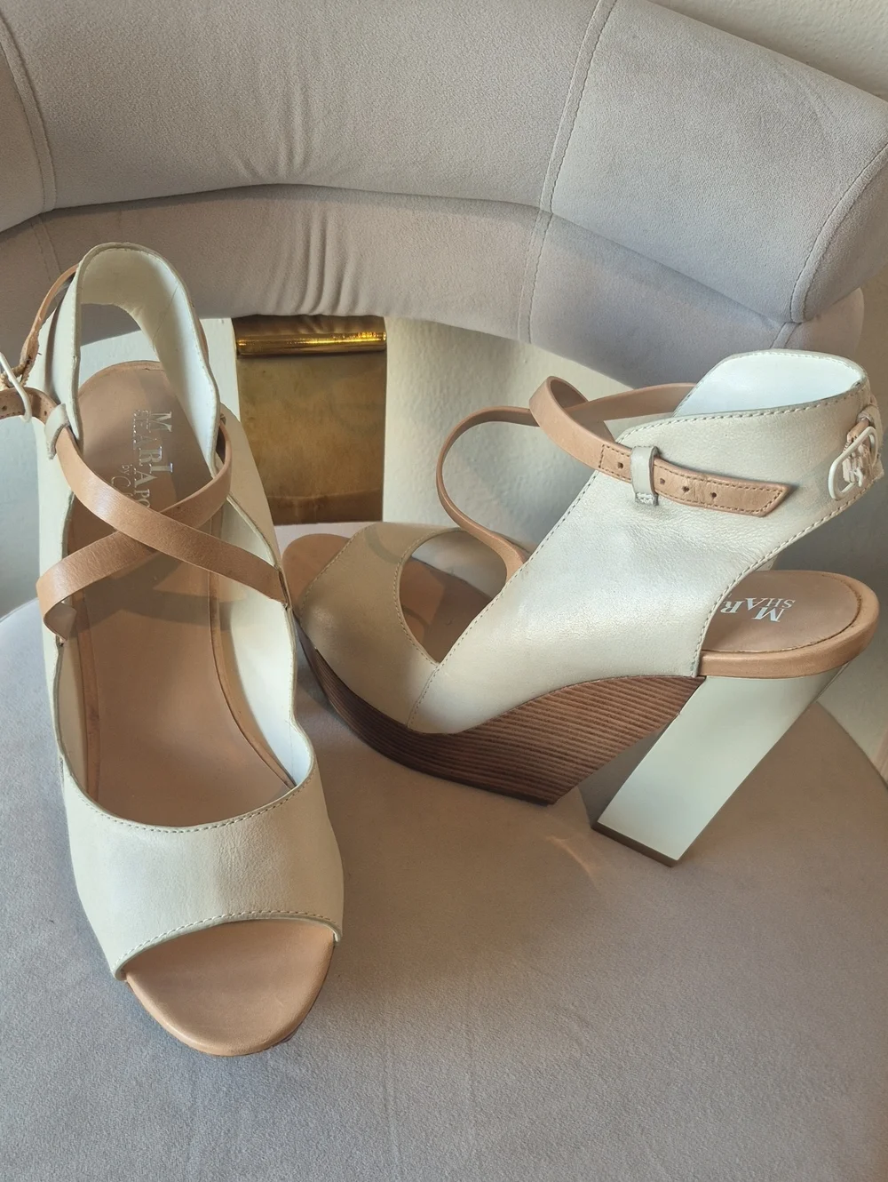 Nike Cream and Tan Wedge Sandals with Ankle Strap